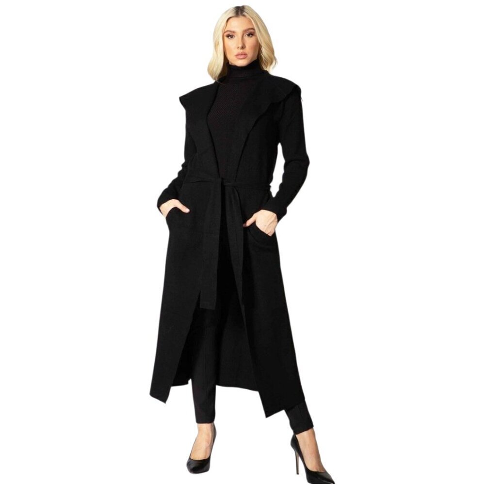 Max Sport NWT Wing Collar Knit Belted Long Cardigan In Jet Black Sz L